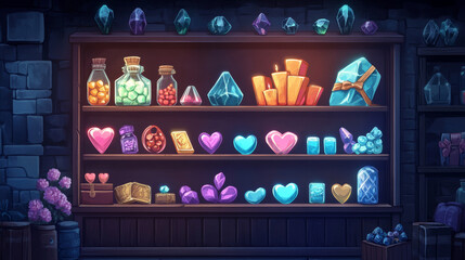 Poster - Cartoon game shop window with assets on wooden shelves. Vector illustration of gemstone, heart, gift box, golden bar, elixir bottle, magic capsule, cotton flower icons. User interface design elements