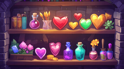Poster - Cartoon game shop window with assets on wooden shelves. Vector illustration of gemstone, heart, gift box, golden bar, elixir bottle, magic capsule, cotton flower icons. User interface design elements