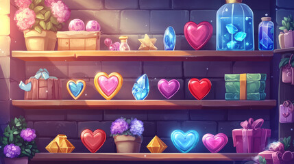 Poster - Cartoon game shop window with assets on wooden shelves. Vector illustration of gemstone, heart, gift box, golden bar, elixir bottle, magic capsule, cotton flower icons. User interface design elements