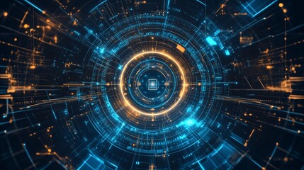 Poster - Dynamic Circular Digital Pattern Showcasing High-Tech Visuals With Vibrant Blue and Orange Colors, Emanating From a Central Point