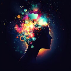 Poster - Creative Explosion in the Mind Showcasing Colorful Thoughts and Ideas Emerging From a Human Silhouette in a Dark Background