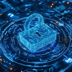 Poster - Digital Lock Icon With Glowing Blue Circuits and Data Security Symbols in a Futuristic Technology Background Depicting Cybersecurity Concepts