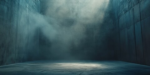 Poster - Mysterious Light Beams Illuminate an Empty, Foggy Room With Concrete Walls and a Dim Atmosphere During a Quiet Moment at Dawn