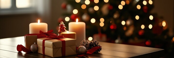 Poster - Gift boxes with ribbons and candles creating a warm atmosphere during the holiday season in a cozy living room. Generative AI