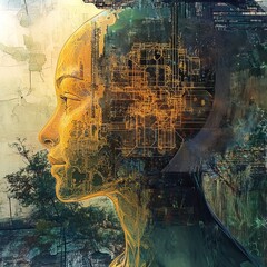 Poster - Digital Art Showcasing a Human Head Intertwined With Abstract Circuitry, Highlighting the Fusion of Technology and Humanity in a Futuristic Landscape