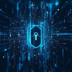 Poster - Digital Shield Representing Cybersecurity Amidst Glowing Data Streams in a Futuristic Environment