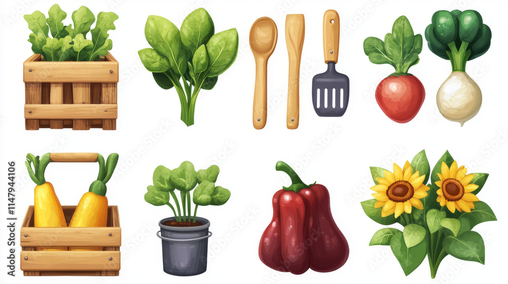 Farm gardening game ui icon of tool and vegetable vector cartoon ...