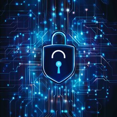 Poster - Digital Security Concept With a Glowing Padlock and Circuit Patterns in a Futuristic Design Showcasing Technology and Privacy