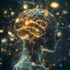 Poster - Human Brain Illuminated by Digital Connections, Showcasing the Fusion of Technology and Neuroscience in a Futuristic Concept