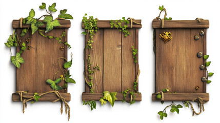Poster - Square wooden frames for game user avatar. Empty boards from brown wood with jungle vines and ropes, game buttons isolated on background, vector cartoon set