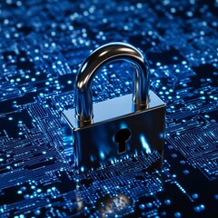 Poster - High-quality Digital Lock Representing Cybersecurity on a Blue Circuit Board Background With Glowing Elements