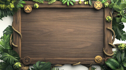 Poster - Square wooden frames for game user avatar. Empty boards from brown wood with jungle vines and ropes, game buttons isolated on background, vector cartoon set