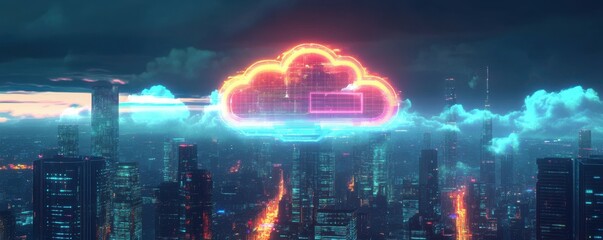 Poster - Cloud computing technology, digital cityscape, neon lights, urban skyline, futuristic atmosphere, technology innovation, data storage imagery