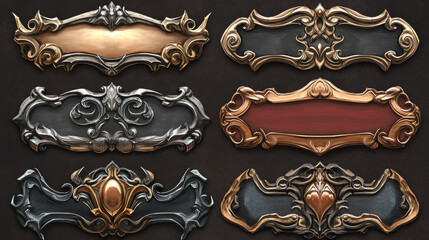 Poster - Game frames, silver and gold ui borders evolution from simple to luxury plaque with elegant curvy rims. Horizontal level plaques Isolated cartoon graphic gui elements for rpg, mmo or app, Vector set
