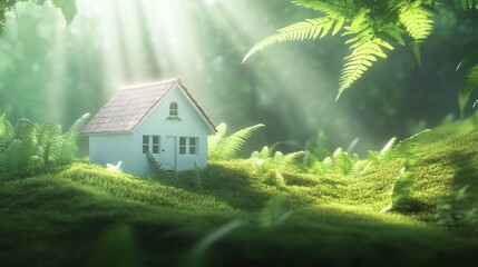 Wall Mural - Miniature house nestled in lush green moss, sunlight streaming through forest.