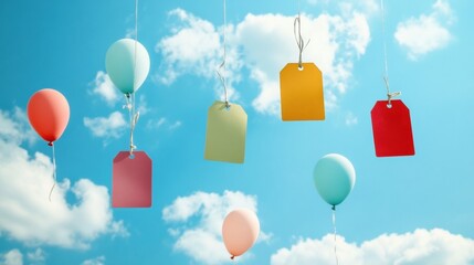 Aufkleber - Colorful balloons and tags floating against a bright blue sky with fluffy clouds during a sunny day. Generative AI