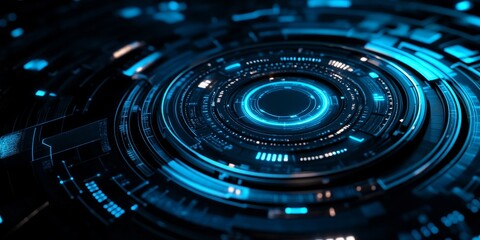 Poster - Futuristic Digital Design With Glowing Blue Circular Patterns and Intricate Technology Elements in a Dark Background