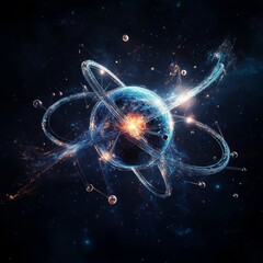 Poster - Exploring the Beauty of a Cosmic Atom Surrounded by Vibrant Energy and Celestial Elements in a Vast Universe