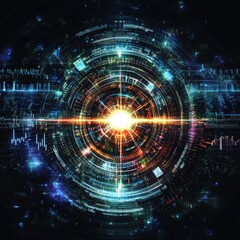 Poster - Bright Light Surrounded by Glowing Digital Patterns in a Futuristic Design Representing Energy and Data at an Abstract Level