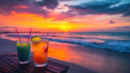 Aufkleber - Enjoy colorful cocktails on a tropical beach at sunset with breathtaking views and a relaxing atmosphere. Generative AI