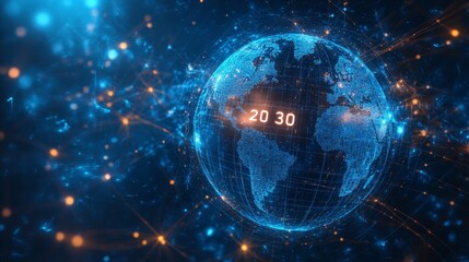 Poster - Digital Representation of Earth With Network Connections and a Glowing Time Display for the Year 2030