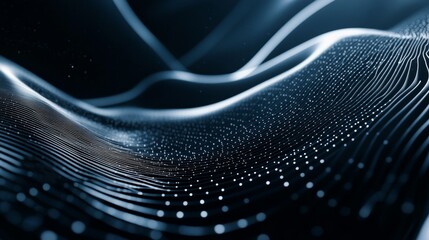 Poster - Abstract Representation of Wave Patterns With Glowing Particles in a Digital Landscape, Showcasing Modern Technology and Innovation