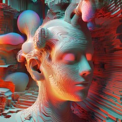 Poster - Artistic Representation of a Surreal Humanoid Figure in a Colorful Abstract Landscape With Intricate Textures and Patterns