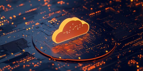 Aufkleber - Cloud Storage Icon Illuminated Against a Dark Digital Background Filled With Glowing Circuit Patterns