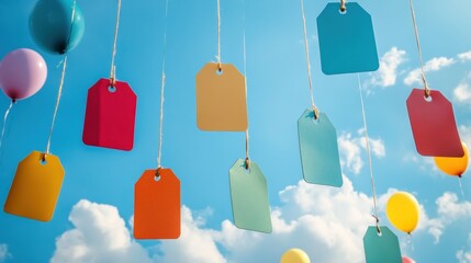 Poster - Colorful paper tags hanging from strings with balloons against a blue sky and fluffy clouds in a festive setting. Generative AI
