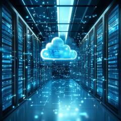 Aufkleber - Futuristic Data Center Featuring Cloud Technology With Glowing Elements and High-Tech Servers Illuminated by Blue Lights