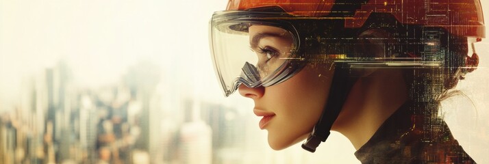 Leinwandbilder - Profile of a person in safety helmet and goggles with urban environment in background showcasing construction safety. Generative AI