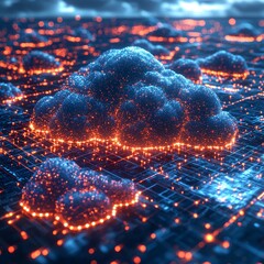 Poster - Digital Clouds Illuminated Over a Network Grid at Night, Showcasing a Futuristic and Vibrant Technology Landscape With Glowing Connections and Data Flow