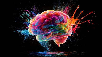 Poster - Vibrant Brain Illustration With Colorful Splashes Representing Creativity and Mental Activity in an Abstract Design During a Digital Art Creation