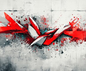Poster - Bright Abstract Artwork Featuring Red and White Shapes Against a Textured Gray Background With Splashes of Color