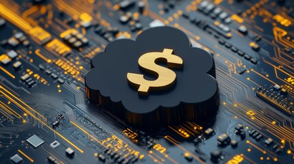 Poster - Digital Representation of Cloud Computing With Financial Symbol on a Circuit Board Showcasing Technology and Finance Integration