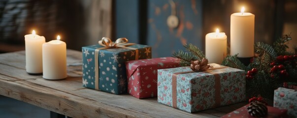 Sticker - Colorful Christmas presents and candles on a wooden table