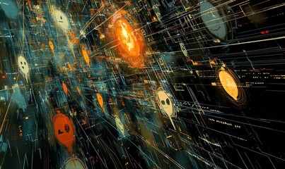Poster - Digital Abstract Representation Showcasing Vibrant Colors and Intense Motion Through a Network of Glowing Elements and Symbols Reflecting the Dynamics of Technology and Data Flow