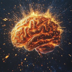 Poster - Creative Visualization of an Illuminated Brain With Sparks and Energy, Representing Thought, Knowledge, and Creativity in a Digital Art Style