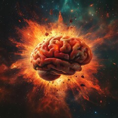 Poster - A Brain Explodes in Vibrant Colors, Surrounded by Cosmic Elements, Showcasing the Intensity of Thought and Imagination in a Unique Celestial Environment