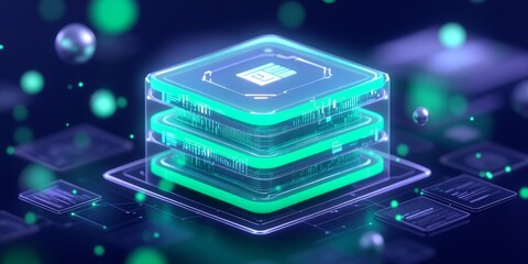 Poster - High-tech Computer Chip Design With Glowing Green Layers Showcased Against a Futuristic Backdrop Featuring Floating Particles and Intricate Circuit Patterns