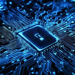 Poster - Close-up View of a Microchip on a Circuit Board Illuminated in Blue Light, Highlighting Intricate Patterns and Technology Connections