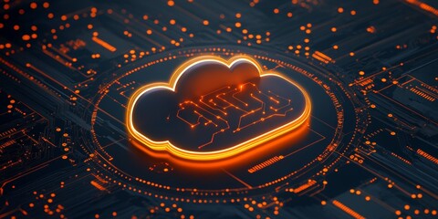 Aufkleber - Cloud Computing Concept With Glowing Orange Cloud Symbol on a Dark Circuit Board, Representing Digital Technology and Data Storage Advancements