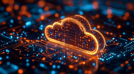 Aufkleber - Vibrant Digital Cloud Symbol Surrounded by Intricate Circuit Patterns With Glowing Blue and Orange Lights Representing Technology and Data Storage Systems
