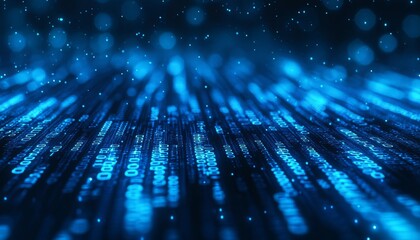 Poster - Digital Projection of Blue Binary Code Streams Flowing in a Futuristic Environment Reflecting Advanced Technology and Data Processing