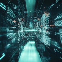 Aufkleber - Digital Landscape Showcasing Futuristic City Lights and Flowing Data Streams in a High-Speed Perspective View Evoking a Sense of Advanced Technology and Innovation