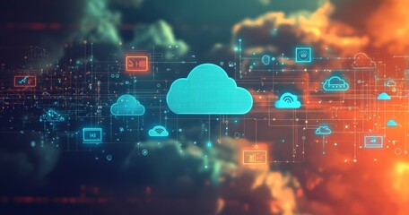 Aufkleber - Cloud Computing Concept With Digital Icons and Data Visualization Against a Colorful Background Showcasing Technology Integration in Modern Systems