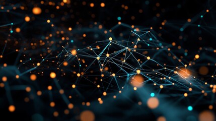 Poster - Interconnected Nodes and Glowing Particles Create a Mesmerizing Abstract Digital Design Showcasing Depth and Complexity in a Dark Environment