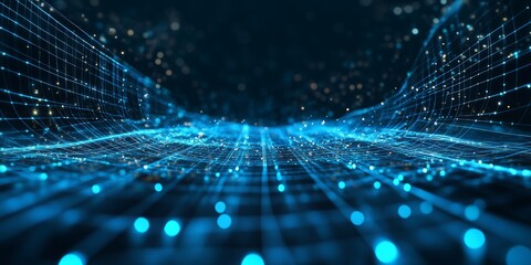 Poster - Digital Landscape Displays Vibrant Blue Lights and Interconnected Lines Representing Data Flow in a Futuristic Grid Pattern