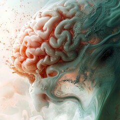 Poster - Artistic Representation of a Human Brain With Abstract Elements Illustrating Thought and Creativity in a Surreal Environment