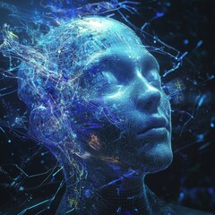 Poster - Digital Human Head Illuminated by Blue Circuitry and Glowing Connections Representing Artificial Intelligence and Technology in Futuristic Design